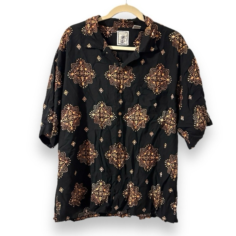 Roundtree & Yorke Black Boho Hawaiian Shirt Short Sleeve Button Up Men’s Size XL